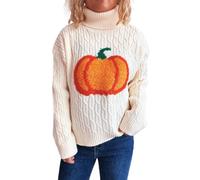 GKEIOSHQIL Femmes Pulls Citrouille Motif À Manches Longues Col Roulé Ample Pull Hauts Halloween Pull,Blanc,L