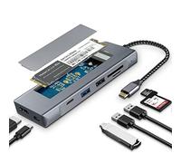 GKI Hub USB C 8 en 1 avec boîtier SSD M.2 NVMe/SATA avec 1 HDMI 4K, 1 USB C 3.1, USB 3.0, USB 2.0, emplacements pour carte SD/Micro SD, 100 W PD compatible avec port USB C de l'ordinateur.