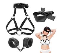 GKLWEJ 3 PCs Kit de Bondage, Cuir Ceinture de Poitrine et Menottes Sexy et SM masque oculaire, Jouet Sexualité Couple, BDSM Bondage Set, Menottes Jouets Sexuels pour les Couples(Noir)