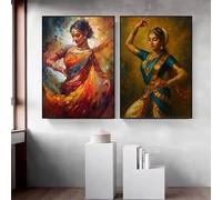 GKUVBF Affiche abstraite sur toile représentant une femme indienne dansant sous la pluie, style desi, avec une beauté rayonnante (50 x 70 cm / 2 pièces sans cadre). Décoration murale pour la maison.