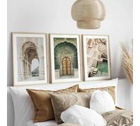 GKUVBF Affiche de photographie de voyage en Inde, style bohème vert sauge, architecture, palais, portes et temples, art mural, toile, décoration, 60 x 80 cm, 3 pièces, sans cadre