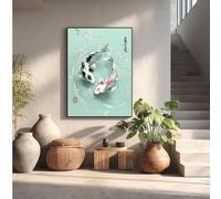 GKUVBF Affiche japonaise de poissons koi émeraude dans un étang, aquarelle zen, peinture sur toile Feng Shui apaisante, décoration pour salon ou maison (40x60cm/sans cadre)