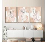 GKUVBF Affiche murale abstraite avec lignes dorées et feuilles, peinture sur toile rose, décoration d'intérieur (40 x 60 cm, 3 pièces, sans cadre)