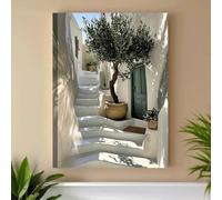 GKUVBF Affiche sur toile représentant une cour méditerranéenne, un olivier, des marches blanches et une porte, style moderne estival, idéale pour la décoration du salon (40 x 60 cm/cadre intérieur).