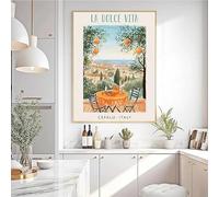 GKUVBF Affiche vintage sur toile représentant un paysage de la côte méditerranéenne, avec des spaghettis et du café, idéale pour un voyage en Italie (70 x 100 cm, sans cadre).