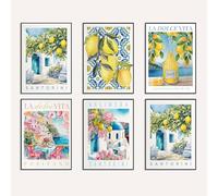 GKUVBF Aquarelle Italie Santorin Citron frais La Dolce Vita Côte amalfitaine Paysage Affiche Toile Peinture Mur Photos Décor 20x30cmx6Pcs Sans cadre