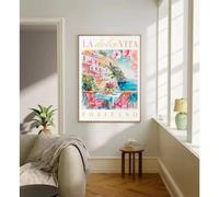 GKUVBF Aquarelle Italie Santorin Citron frais La Dolce Vita Côte amalfitaine Paysage Affiche Toile Peinture Mur Photos Décor 50x70cm Sans cadre