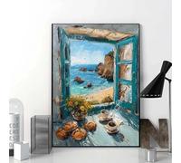 GKUVBF Impression sur toile abstraite et colorée représentant un paysage urbain peint par des graffitis, avec vue sur la mer depuis la fenêtre (40 x 50 cm, sans cadre). Décoration intérieure.