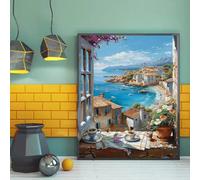GKUVBF Impression sur toile abstraite et colorée représentant un paysage urbain peint par des graffitis, avec vue sur la mer depuis la fenêtre (40 x 60 cm, sans cadre). Décoration intérieure.