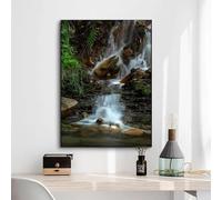 GKUVBF Impression sur toile paysage cascade forêt rocher nature sérénité art mural avec lumière du soleil paysage tranquille affiche zen décor 60x80 cm sans cadre