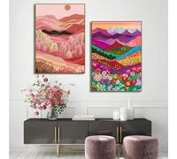 GKUVBF Impression sur toile représentant un paysage de collines colorées, une maison forestière et des fleurs, décoration murale pour salon, 50 x 75 cm, 2 pièces, sans cadre