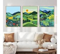 GKUVBF Impression sur toile représentant un paysage de collines colorées, une maison forestière et des fleurs, décoration murale pour salon, 70 x 100 cm, 3 pièces, sans cadre