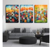 GKUVBF Impression sur toile représentant un paysage de collines colorées, une maison forestière et des fleurs, décoration murale pour salon, 60 x 80 cm, 3 pièces, sans cadre