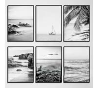 GKUVBF Impressions sur toile de paysage océanique et plage en noir et blanc, tableau mural côtier pour décoration de salon, 20 x 30 cm, 6 pièces, sans cadre