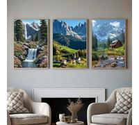 GKUVBF Paysage naturel, forêt, fleurs, cabane, ruisseau, cascade, arbres, vue sur la montagne - Affiche sur toile, impression, décoration murale (30x40cm/3 pièces sans cadre)