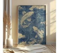 GKUVBF Retro Blue Japanese Koi Canvas Painting Printing Minimalist Wall Art Poster Modern Aesthetic Living Room Home Decor(60x80cm/Frameless)