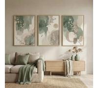 GKUVBF Tableau mural japonais représentant des plantes, feuilles abstraites à l'aquarelle, impression sur toile vert sauge et beige pour la décoration du salon (70 x 100 cm / 3 pièces sans cadre)