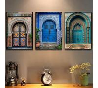 GKUVBF Tableau sur toile arabe représentant une porte du Maroc, style rétro, avec affiche et impression, idéal pour la décoration murale d'un salon moderne (50 x 70 cm / 3 pièces sans cadre).