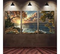 GKUVBF Tableau sur toile « Coucher de soleil sur la mer et les arbres », imprimé en trois parties, sans cadre, pour une décoration murale moderne dans un salon.