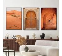GKUVBF Tableau sur toile représentant une porte marocaine, une affiche d'architecture de Marrakech, style bohème, art terracotta, décoration murale pour la maison (50 x 70 cm / 3 pièces sans cadre)