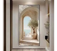 GKUVBF Toile imprimée « Arche d'oliviers » style méditerranéen côtier - Décoration murale beige et blanche d'inspiration grecque, inspirée des îles grecques (80 x 160 cm/sans cadre)