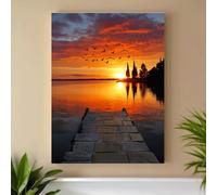 GKUVBF Toile imprimée « Coucher de soleil sur le quai du lac », oiseaux, ciel, reflets sur l'eau, paysage naturel pour la décoration du salon (40 x 50 cm, sans cadre)
