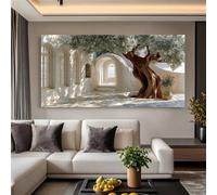 GKUVBF Toile imprimée « Cour méditerranéenne », art mural avec olivier, décoration intérieure de style grec côtier (50 x 100 cm/sans cadre)