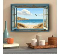 GKUVBF Toile imprimée rustique avec vue sur l'océan, paysage estival de plage côtière avec mouettes et dunes de sable, décoration murale pour la maison (60x80cm/sans cadre)