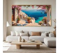 GKUVBF Vue côtière méditerranéenne, paisible lac de Côme, Santorin, terrasse fleurie, affiche sur toile, décoration intérieure (45 x 90 cm/cadre intérieur)