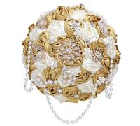 Gkvszy Bouquet de mariée ivoire et doré avec broche en strass et cordon de perles en cascade pour mariée, demoiselle d'honneur, bouquet de fleurs en satin rose doré et ivoire 22,1 cm