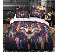 GKWEQPQWK Esprit du Loup Impression 3D 3 pièces Housse de lit Style Artistique autochtone Housse de Couette Microfibre hypoallergénique Respirant pour garçons Filles Hommes Single (135x200cm)