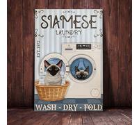 GKYAN Wje-A01 Plaque en étain vintage avec motif chat siamois avec inscription « Laundry Loads of Fun Home Bar Café » Décoration murale extérieure et intérieure 20,3 x 30,5 cm