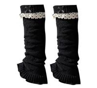 GKYQVE Fairycore Jambières tricotées extensibles pour femme avec bordure en dentelle et nœud épissé, vagues noires, taille unique
