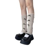 GKYQVE Jambières extensibles en tricot côtelé de style japonais pour femmes, avec nœud doux, couleur unie, couvre-jambes sans pieds, chaussettes longues à volants tendance pour femmes, avoine., taille