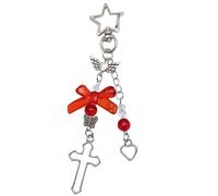 GKYQVE Ornement de téléphone en forme de croix unique, joli nœud perlé, accessoire de téléphone avec cœur, porte-clés de décoration portable à suspendre pour femme, Rouge, taille unique