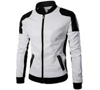 GL SUIT Collier Hommes Faux Cuir Veste véritable Printemps et en Noir et Blanc Automne Colorimétrie Mode Manteaux Vintage Casual Veste zippée Style Motard,Blanc,XS