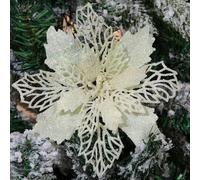 GL-Turelifes Lot de 12 fleurs de poinsettia artificielles à paillettes pour couronne de Noël, décoration de sapin de Noël, 16 cm de diamètre avec 12 picots verts doux (beige blanc)