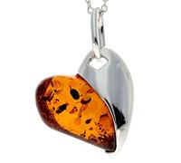 GL239C Pendentif en forme de cœur en argent sterling et ambre de la Baltique Cognac authentique sans chaîne, Pierre Argent sterling Résine, Ambre