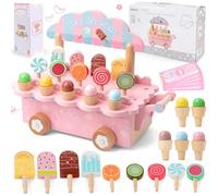 Glacier en Bois Jouet pour Enfant, Chariot à Glace avec Argent du Menu, Jeu de Rôle Éducatif Montessori, Accessoire Cuisine, Cadeau pour Fille Garçons 3-6 Ans