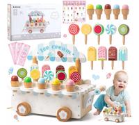 Glacier en Bois pour Enfant, Glaciere Jouet avec Stand de Glace, Menu et Argent de Poche, 3 en 1 Marchand de Glace Accessoire Cuisine Enfant, Jeu de Rôle Éducatif Garçons Filles de 3 4 5 6 Ans