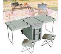Glacière à roulettes multifonction et chariot utilitaire pliable sur roulettes avec table améliorée et 2 chaises pour pique-nique en plein air et camping, pas besoin d'électricité ou de compresseur