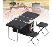 Glacière roulante et chariot utilitaire pliable avec table améliorée et 2 chaises pour pique-nique en plein air et camping, portable et sans électricité nécessaire