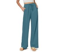 Glacspyg Dames Pantalons de Jambe de Largeur Fluide Casual Pantalons de Plage Taille Haute Cordon Palazzo Pantalons avec Poches Bleu du lac M