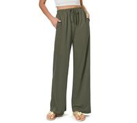 Glacspyg Dames Pantalons de Jambe de Largeur Fluide Casual Pantalons de Plage Taille Haute Cordon Palazzo Pantalons avec Poches Vert Militaire M