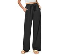 Glacspyg Dames Pantalons de Jambe de Largeur Fluide Casual Pantalons de Plage Taille Haute Cordon Palazzo Pantalons avec Poches Noir M
