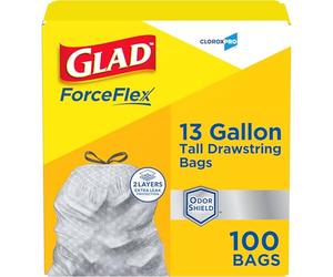 Glad ForceFlex 70427 Lot de 100 sacs poubelle à cordon de serrage Gris non parfumé 100 sacs poubelle de cuisine