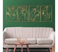 Glamativity Lot de 4 décorations murales dorées, amateurs de visage de fleurs féminines, décoration minimaliste, art à une rangée d'art, décoration murale en métal véritable, chambre à coucher, salon