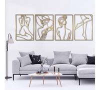 Glamativity Lot de 4 décorations murales dorées, décoration minimaliste à ligne unique, art mural en métal véritable, art mural abstrait en forme de corps de femme (style élégant doré, taille M : 43,2