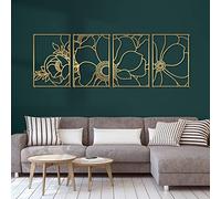 Glamativity Lot de 4 décorations murales dorées - Fleur minimaliste - Décoration murale en métal véritable - Art mural abstrait floral naturel pour cuisine, chambre à coucher, salon