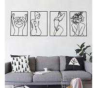 Glamativity Lot de 4 décorations murales noires, décoration minimaliste à ligne unique, art mural en métal véritable, art mural abstrait en forme de corps de femme (style classique noir, taille M :